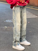 Men Jeans Washed Zipper Jeans Spring and Autumn Vintage Casual Loose Trousers